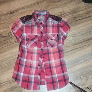 Affliction Red and Black Plaid Shirt with Embroidery